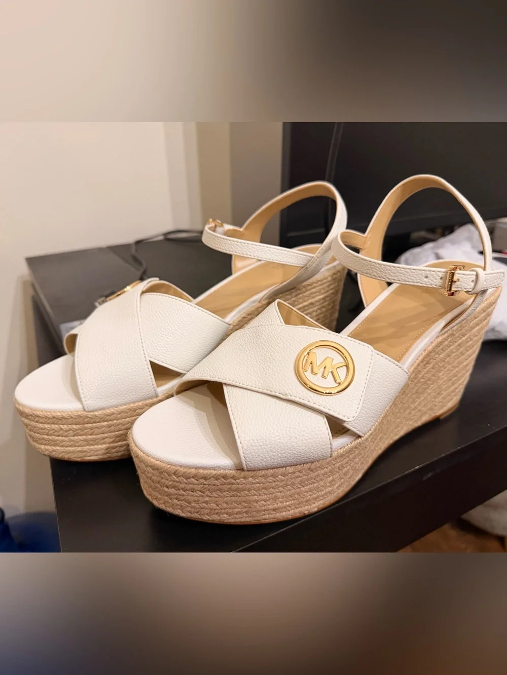 Michael Kors White Leather Platform Wedge Sandals with Gold MK Accent